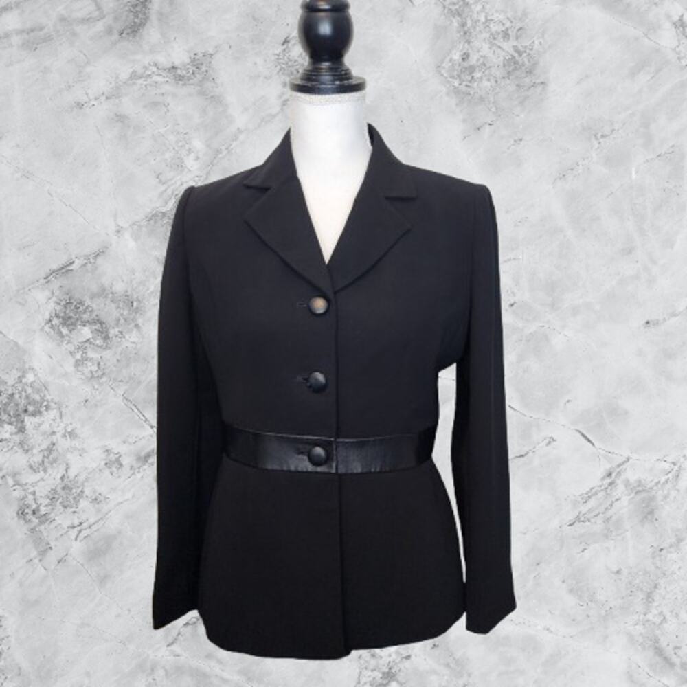Le Suit Petite Size 4P Black Mid Length Blazer Faux Leather Trim
